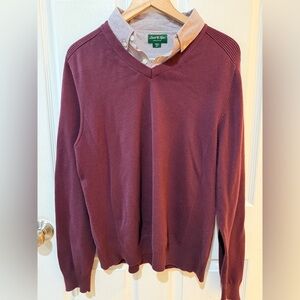 David Taylor Wine Colored V-Neck Sweater w Mock button down collar